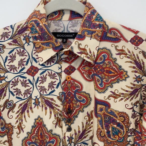 Bogosse Men's Long Sleeve Cream Shirt with Paisley Design Size 3 Cotton - Picture 4 of 11